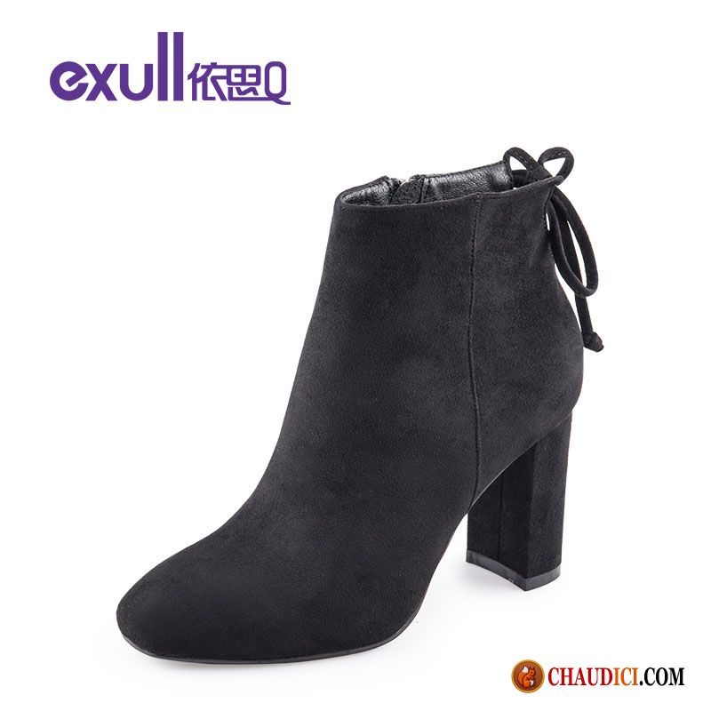 Soldes Bottes Cuir Violet Hiver Tête Carrée Talons Hauts Bottes Courtes Laçage Pas Cher