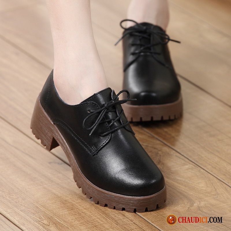 Soldes Bottines Femme Cuir Tous Les Assortis Talon Moyen Bout Rond Épais Angleterre Pas Cher