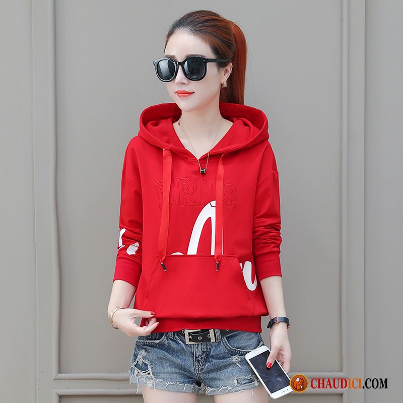 Sweat À Capuche Femme Rouge Légère L'automne Baggy Tendance Manteau En Vente