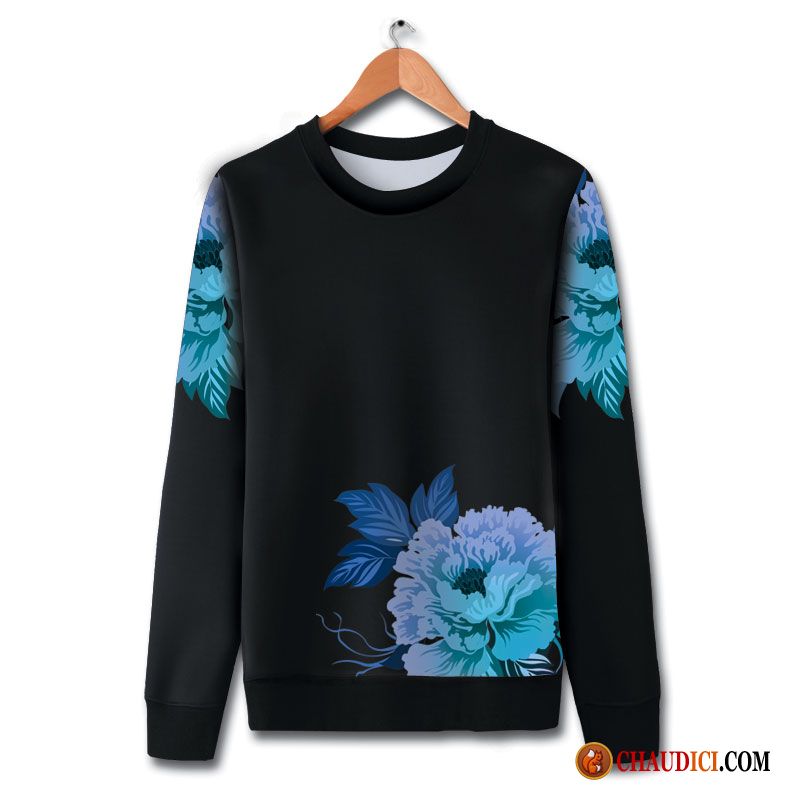 Sweat À Capuche Grand Col Homme Bleu Rose Impression Col Rond Hiver Longues Pas Cher