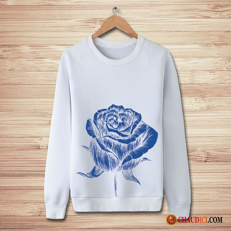 Sweat À Capuche Grand Col Homme Bleu Rose Impression Col Rond Hiver Longues Pas Cher