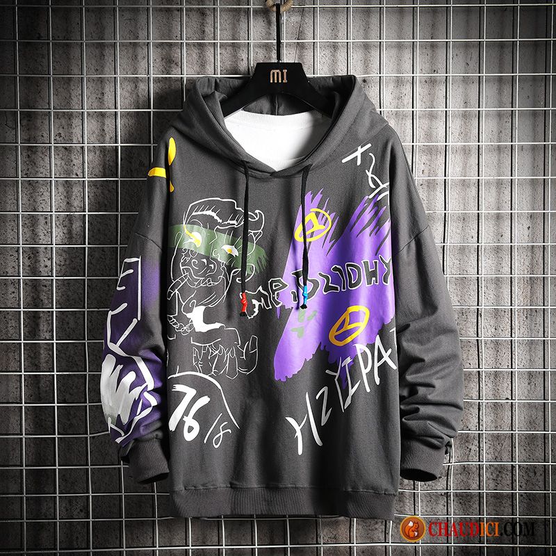 Sweat À Capuche Homme Col Chale Violet Hoodies Modèle Homme Graffiti Une Veste