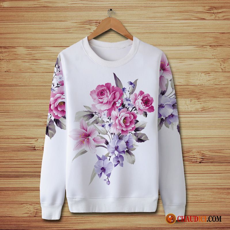 Sweat À Capuche Homme Pas Cher Col Rond Style Chinois Fleur Jeunesse Impression France