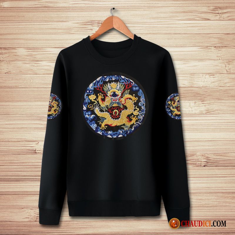 Sweat À Capuche Noir Col Rond Homme Style Chinois Col Rond Longues Manteau Homme Pas Cher