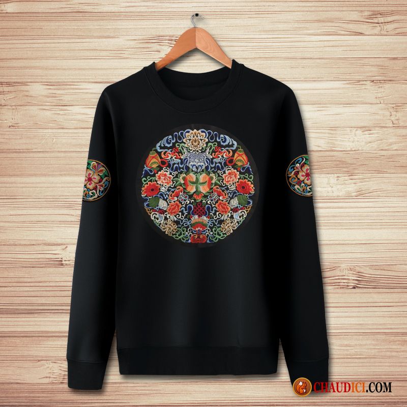 Sweat À Capuche Noir Col Rond Homme Style Chinois Col Rond Longues Manteau Homme Pas Cher