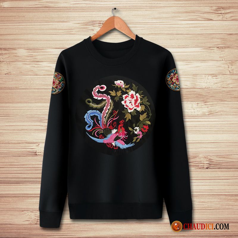 Sweat À Capuche Noir Col Rond Homme Style Chinois Col Rond Longues Manteau Homme Pas Cher