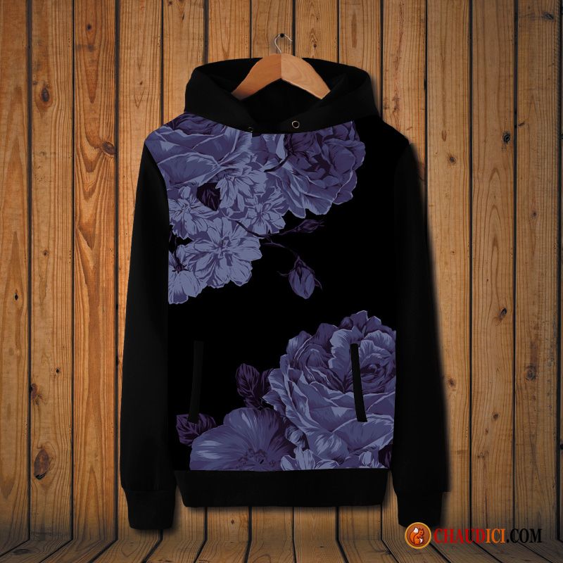 Sweat À Capuche Noir Et Blanc Homme Seagreen Femme Rétro Grande Taille Manteau Fleurs