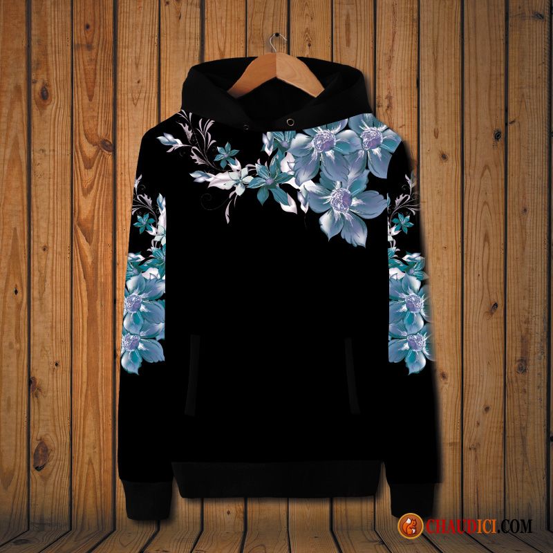 Sweat À Capuche Noir Et Blanc Homme Seagreen Femme Rétro Grande Taille Manteau Fleurs