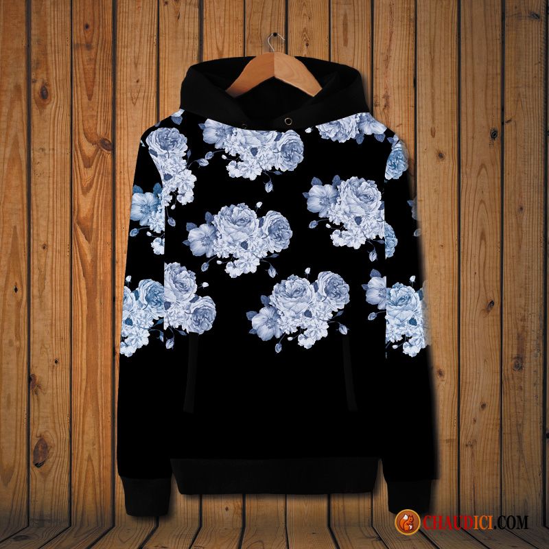 Sweat À Capuche Noir Et Blanc Homme Seagreen Femme Rétro Grande Taille Manteau Fleurs