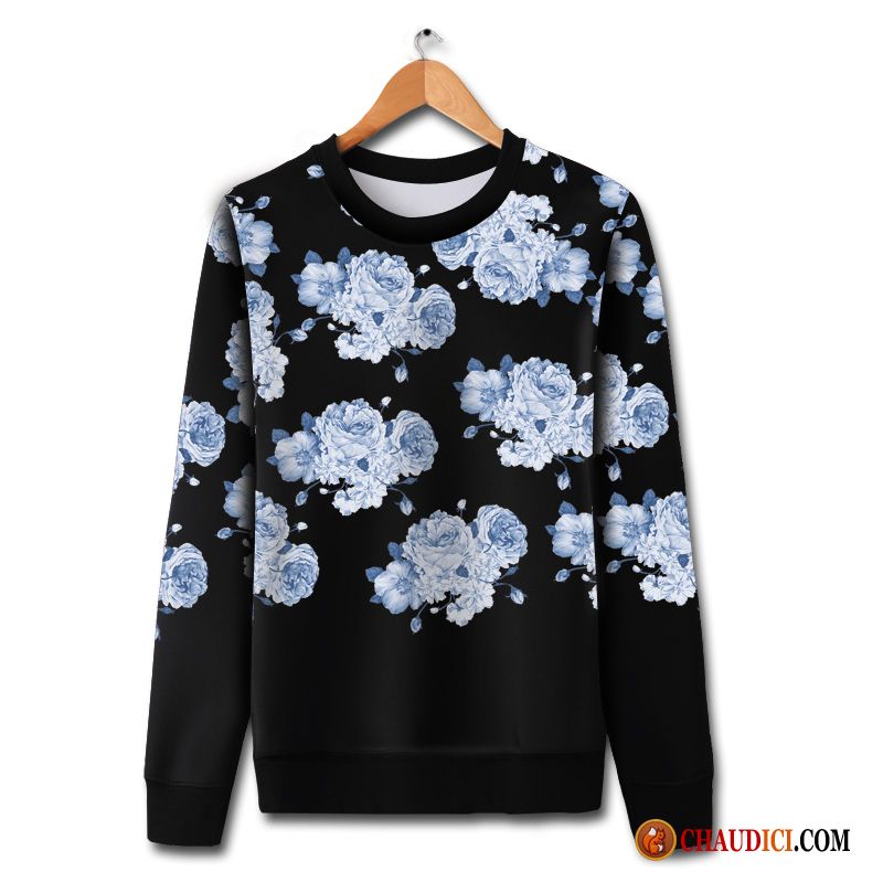 Sweat À Capuche Noir Et Blanc Homme Seagreen Femme Rétro Grande Taille Manteau Fleurs