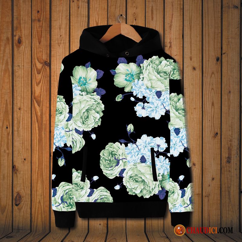 Sweat À Capuche Noir Et Blanc Homme Seagreen Femme Rétro Grande Taille Manteau Fleurs