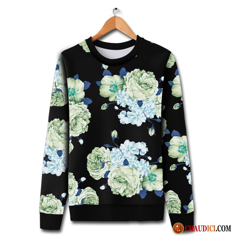 Sweat À Capuche Noir Et Blanc Homme Seagreen Femme Rétro Grande Taille Manteau Fleurs