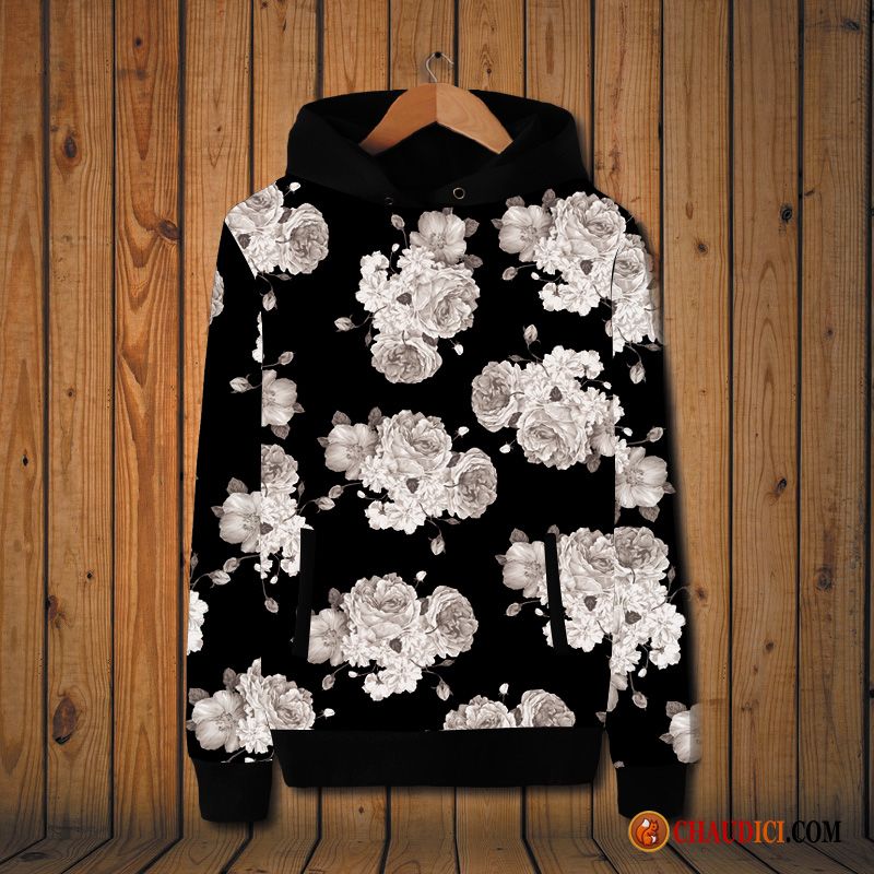 Sweat À Capuche Noir Et Blanc Homme Seagreen Femme Rétro Grande Taille Manteau Fleurs