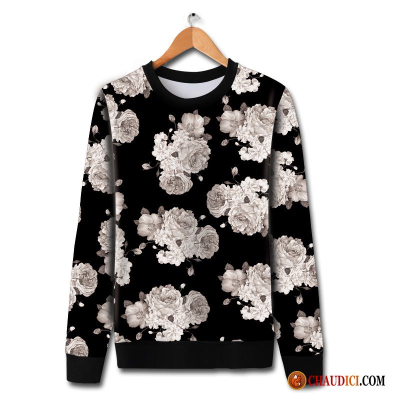 Sweat À Capuche Noir Et Blanc Homme Seagreen Femme Rétro Grande Taille Manteau Fleurs