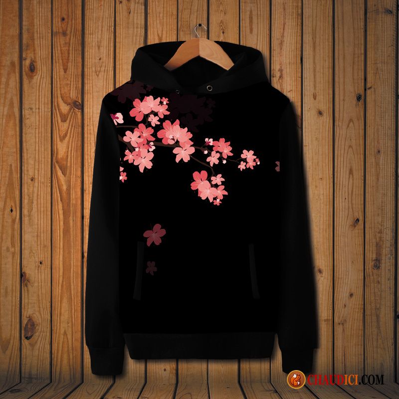 Sweat À Capuche Noir Et Blanc Homme Seagreen Femme Rétro Grande Taille Manteau Fleurs