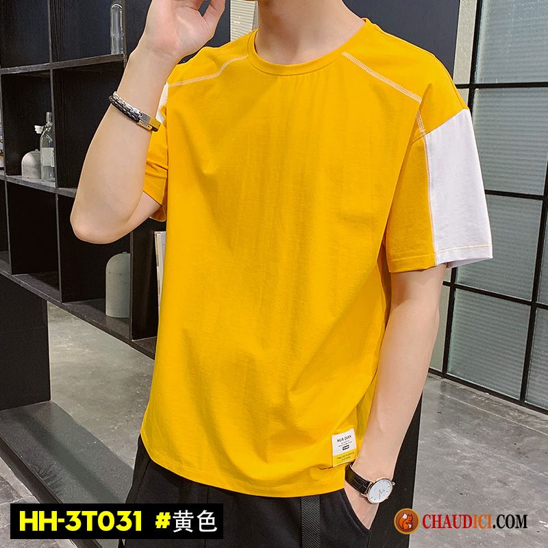 T Shirt A Manche Longue Homme Couleur De Contraste Col Rond Baggy Marque De Tendance Homme Pas Cher