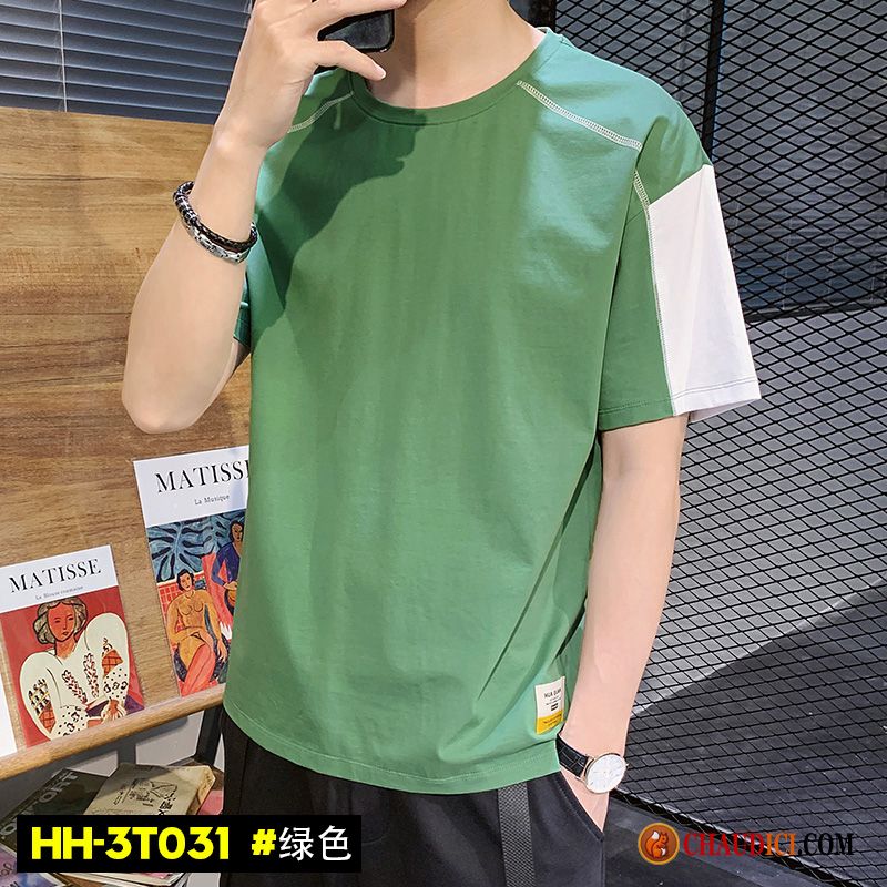 T Shirt A Manche Longue Homme Couleur De Contraste Col Rond Baggy Marque De Tendance Homme Pas Cher