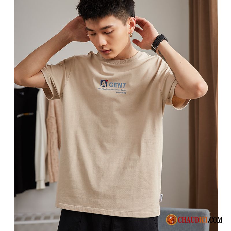 T Shirt Beige Homme Courte Marque De Tendance Homme Blanc Été