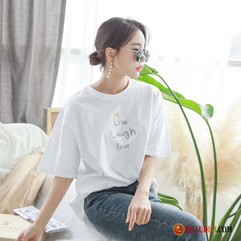 T Shirt De Marque Femme Broderie Femme Lettre Coton Bio Baggy