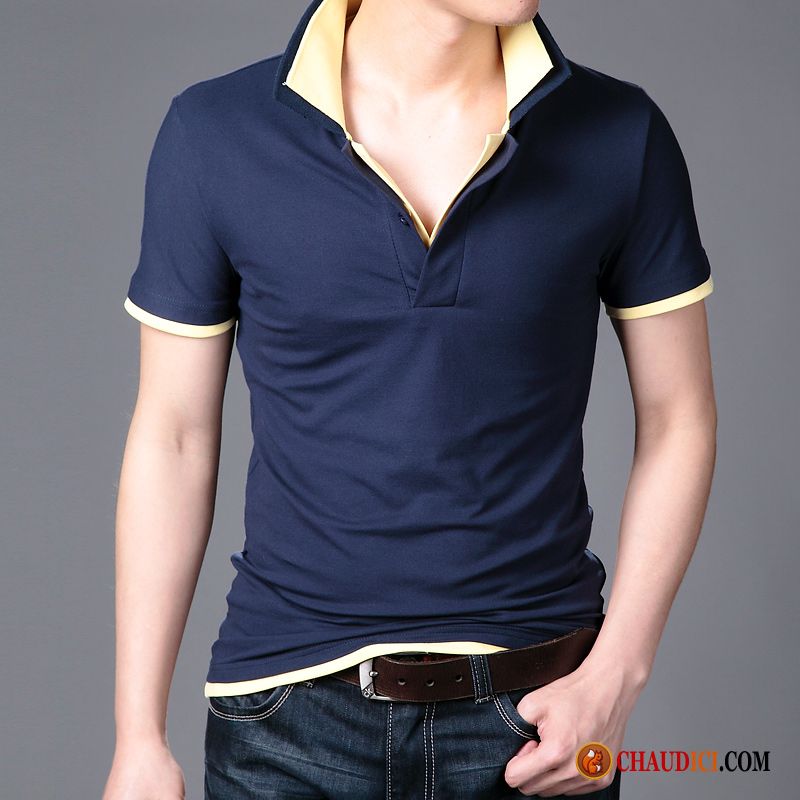 T Shirt En V Homme Marine Légère Homme Polo Slim Revers Roulé