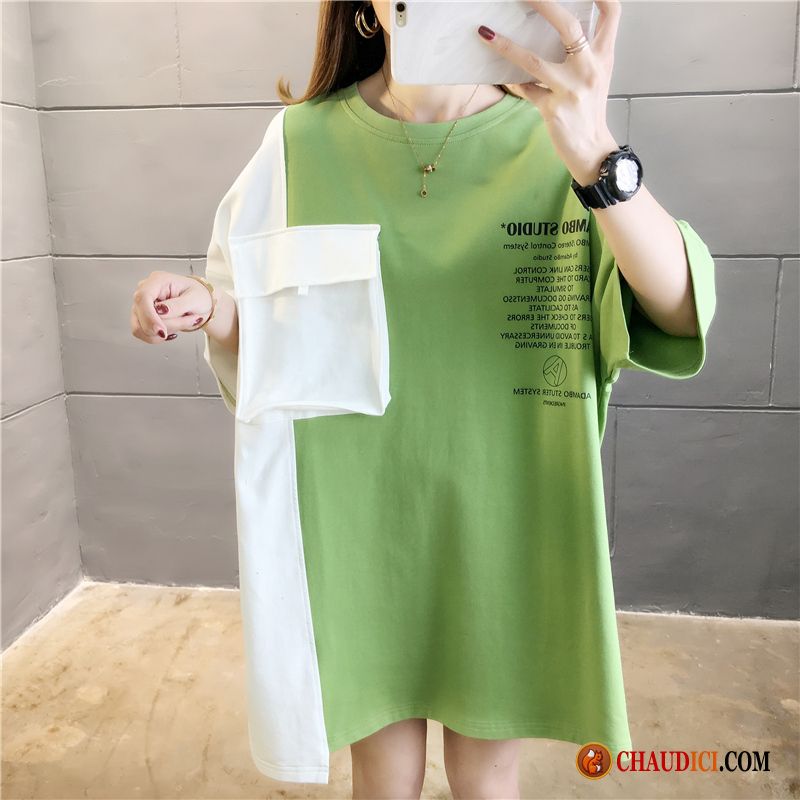 T Shirt Femme Vert Graisse Tendance Grande Taille Demi Manche Épissure Soldes