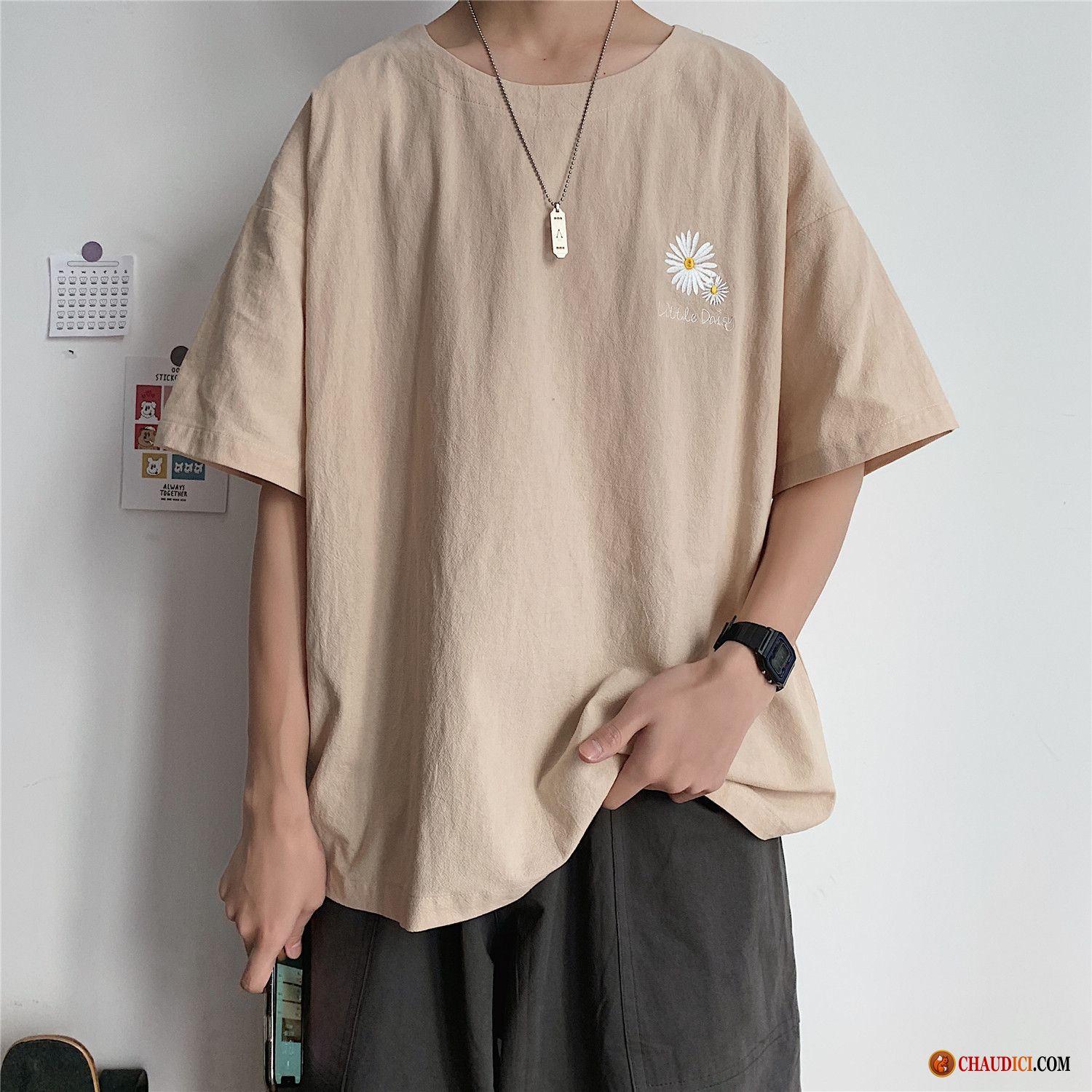 T Shirt Homme Mode Marron Courte Baggy Tendance Lin Blanc