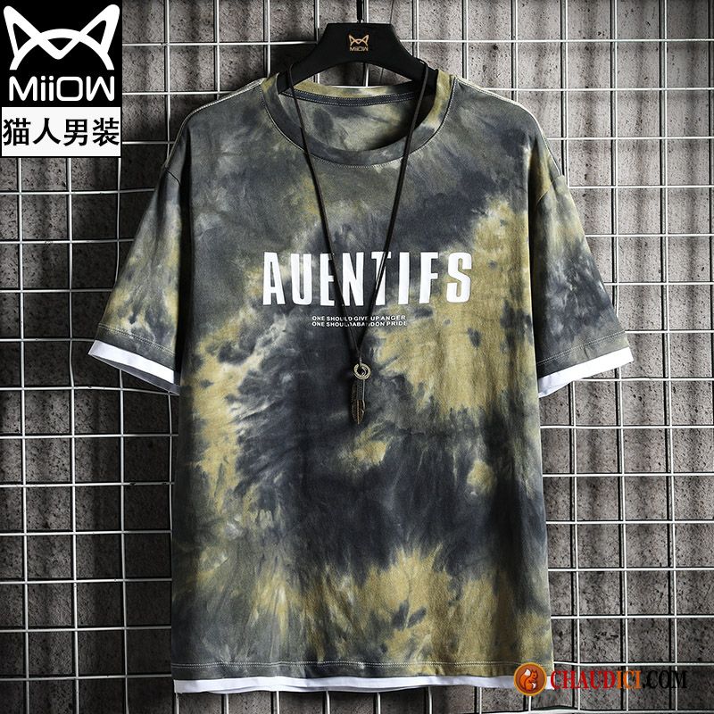 T Shirt Homme Vert Soldes Or Baggy Été Camouflage Demi Manche Vert En Vente