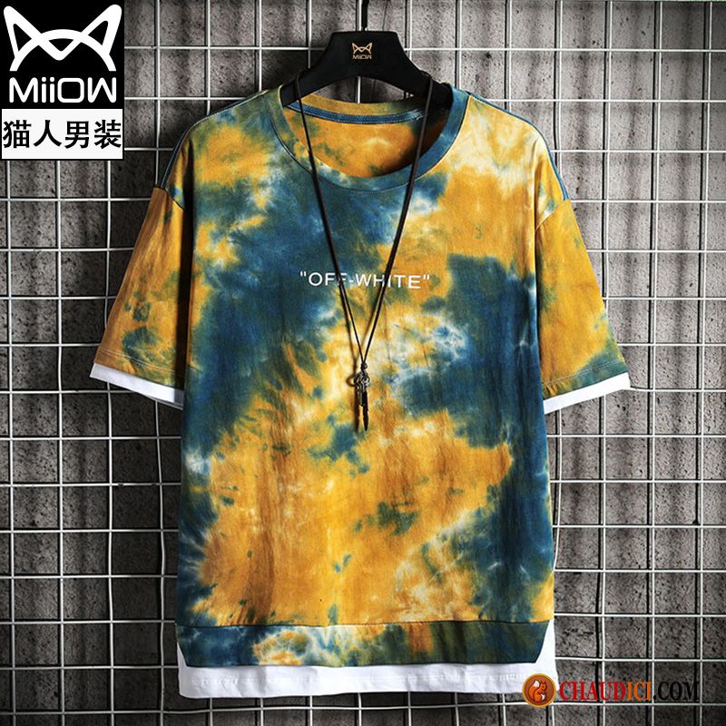 T Shirt Homme Vert Soldes Or Baggy Été Camouflage Demi Manche Vert En Vente