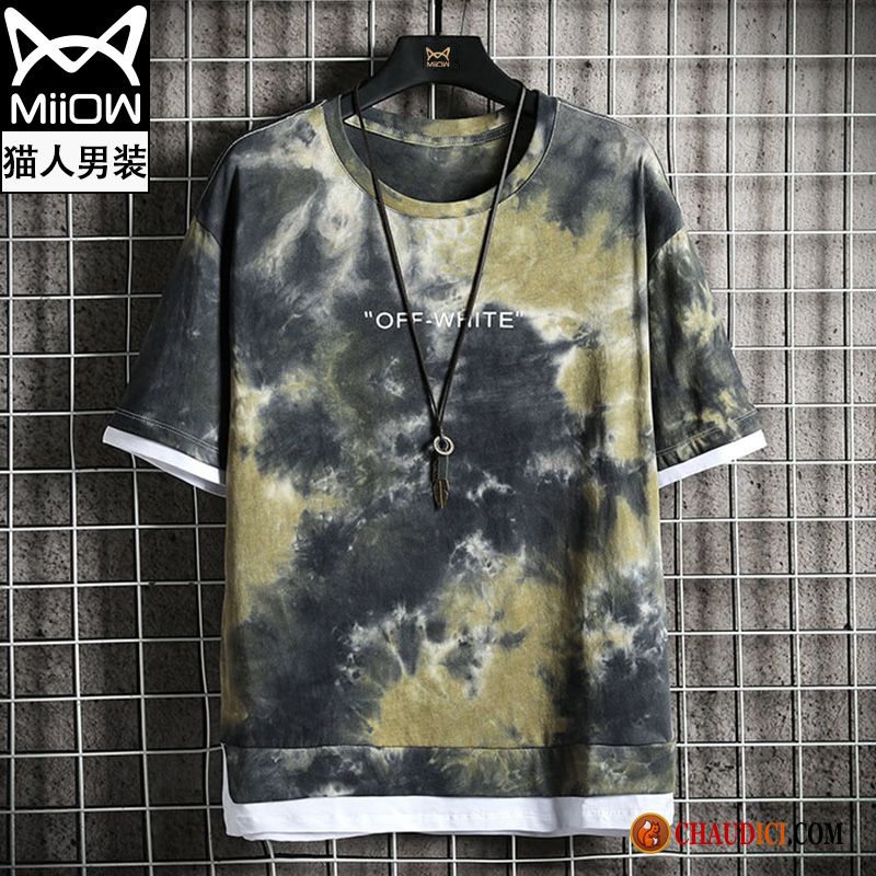 T Shirt Homme Vert Soldes Or Baggy Été Camouflage Demi Manche Vert En Vente