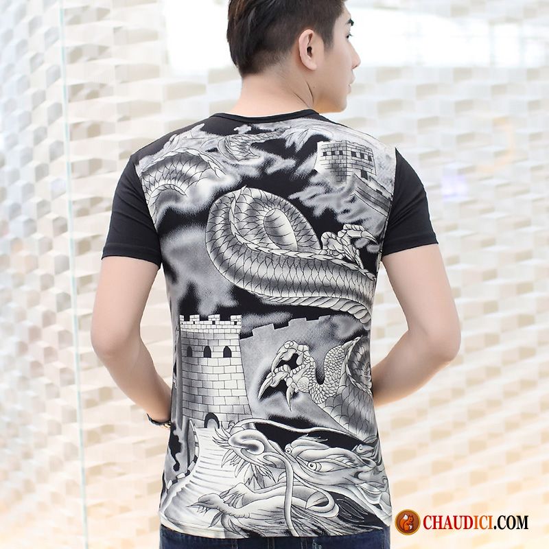 T Shirt Mariniere Homme Col V Marine Style Chinois Dragon Homme Courte Dominateur