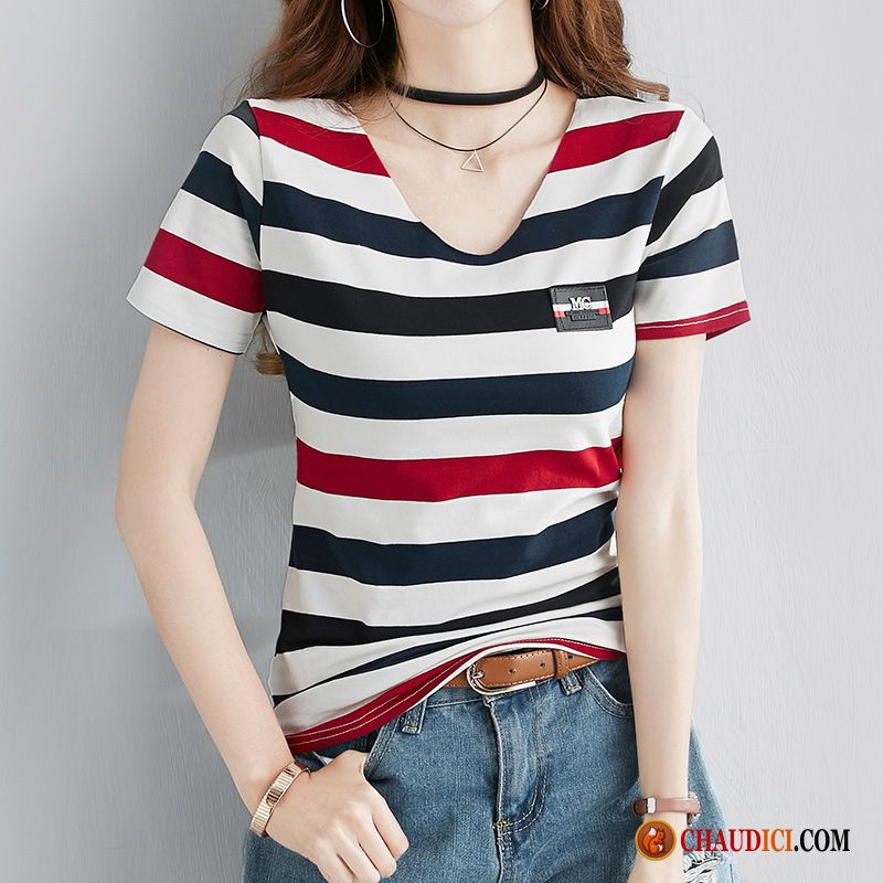 T Shirt Tendance Femme Bordeaux Une Veste Rayé Femme Étudiant Été