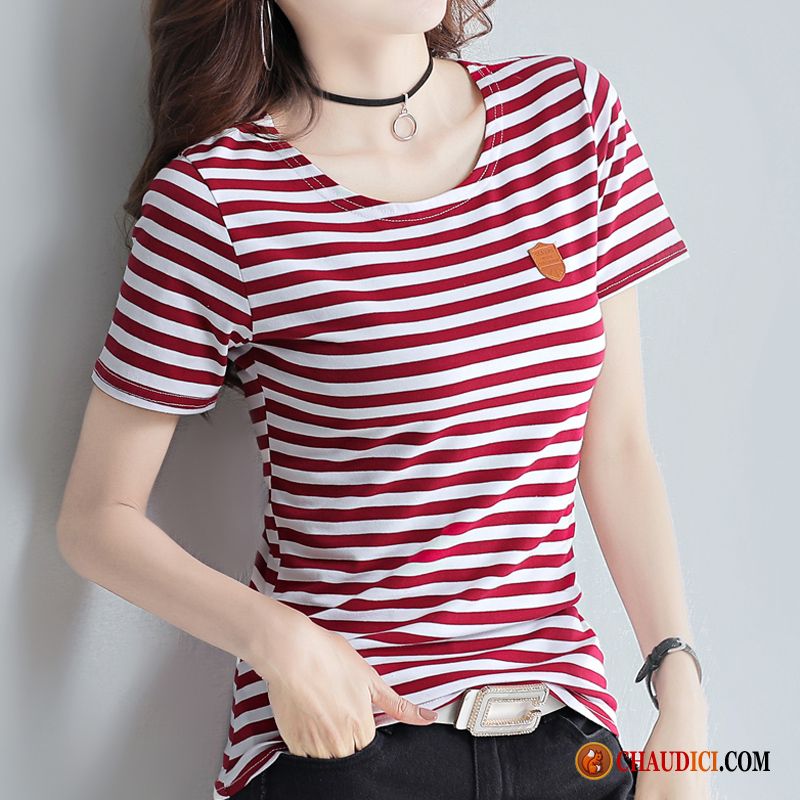 T Shirt Tendance Femme Bordeaux Une Veste Rayé Femme Étudiant Été