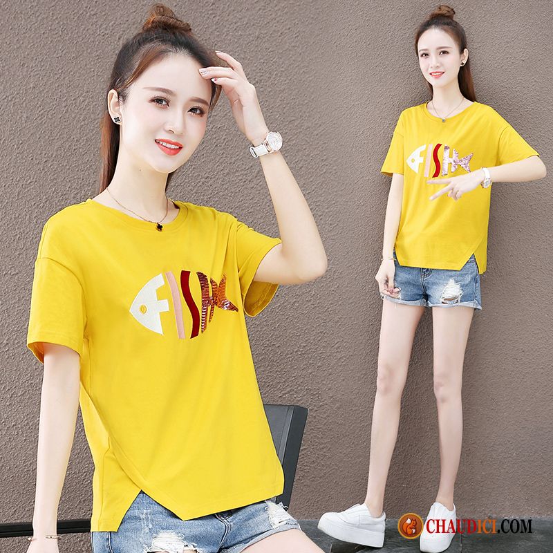 Tee Shirt Dentelle Blanc Les Adolescents Jaune Courte Été Femme