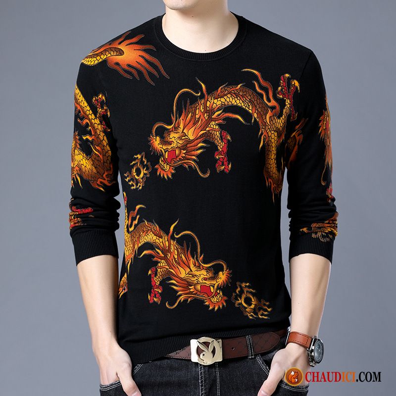 Tee Shirt Homme Mode Marron Une Veste Jeunesse Mode Dragon Jaune Pas Cher