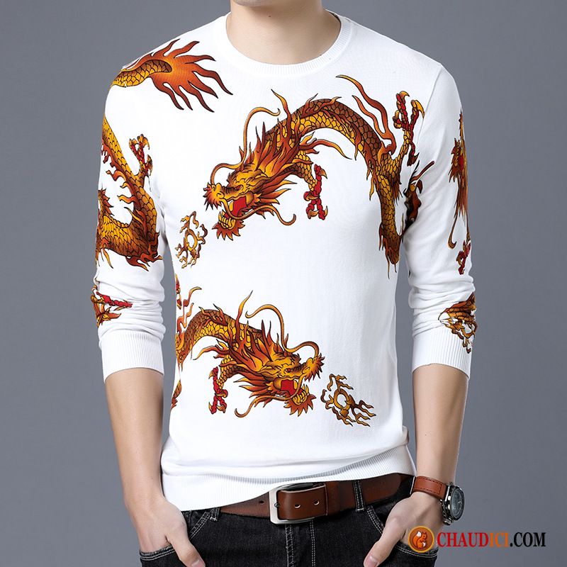 Tee Shirt Homme Mode Marron Une Veste Jeunesse Mode Dragon Jaune Pas Cher