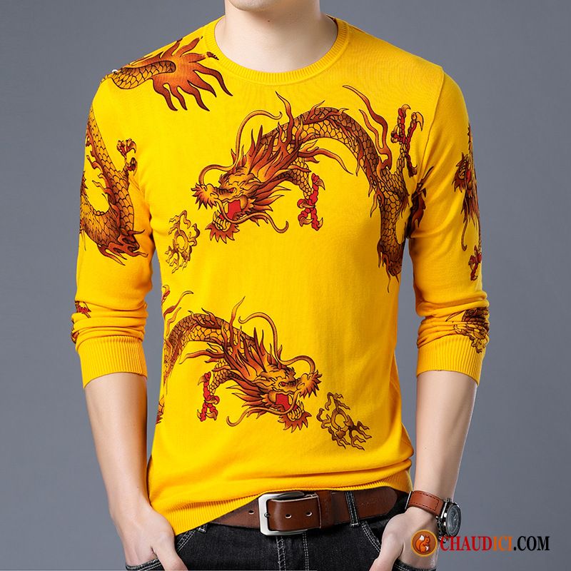 Tee Shirt Homme Mode Marron Une Veste Jeunesse Mode Dragon Jaune Pas Cher