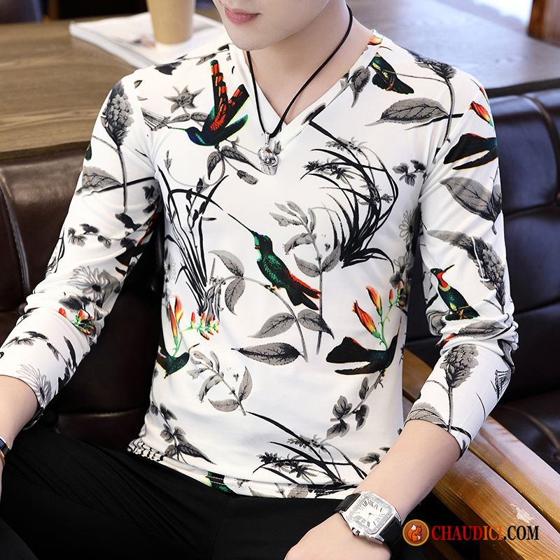 Tee Shirt Homme Pas Cher Longues Printemps Slim Collier V Homme