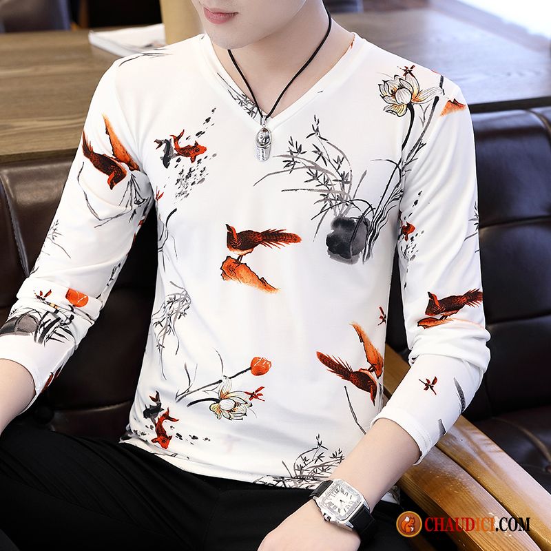 Tee Shirt Homme Pas Cher Longues Printemps Slim Collier V Homme