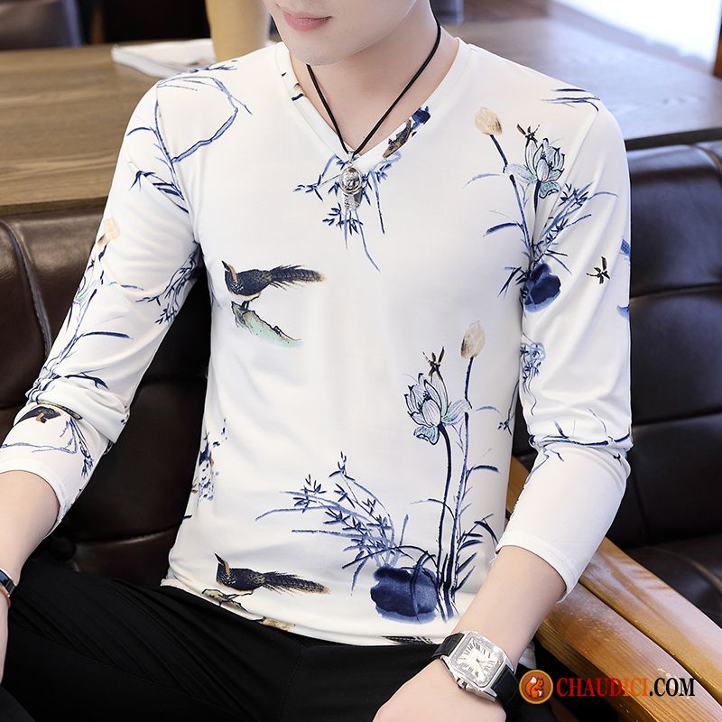 Tee Shirt Homme Pas Cher Longues Printemps Slim Collier V Homme