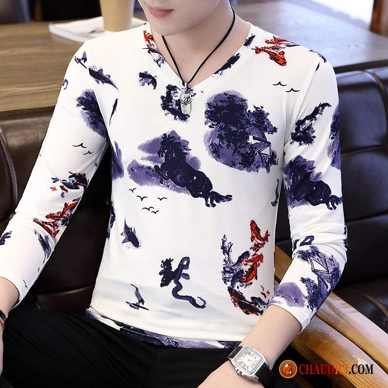 Tee Shirt Homme Pas Cher Longues Printemps Slim Collier V Homme