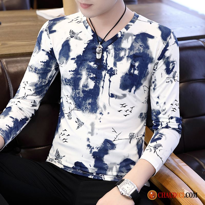 Tee Shirt Homme Pas Cher Longues Printemps Slim Collier V Homme