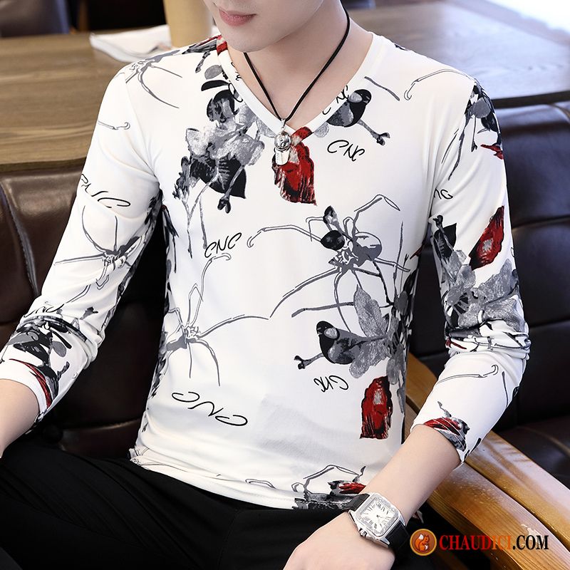 Tee Shirt Homme Pas Cher Longues Printemps Slim Collier V Homme