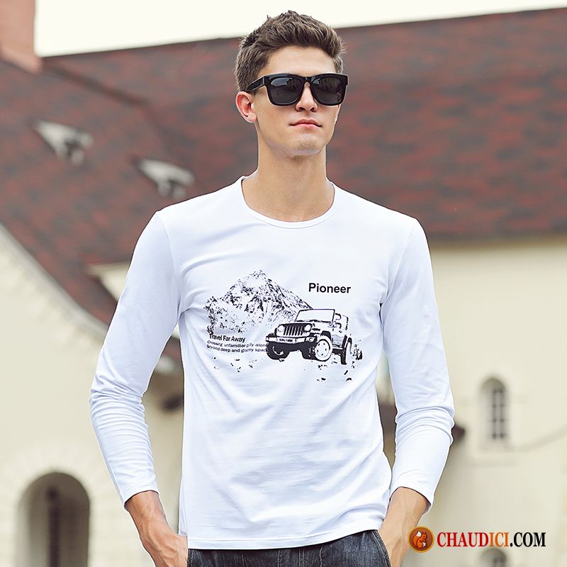 Tee Shirt Manche Longue Homme Marque Blanc Pur Printemps Chemise En Bas Longues Coton