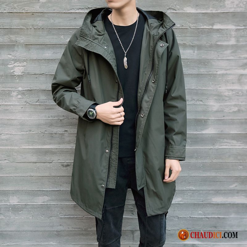 Veste En Cuir Cintrée Homme Kaki Printemps Longue Décontractée Coupe Vent Tendance Pas Cher