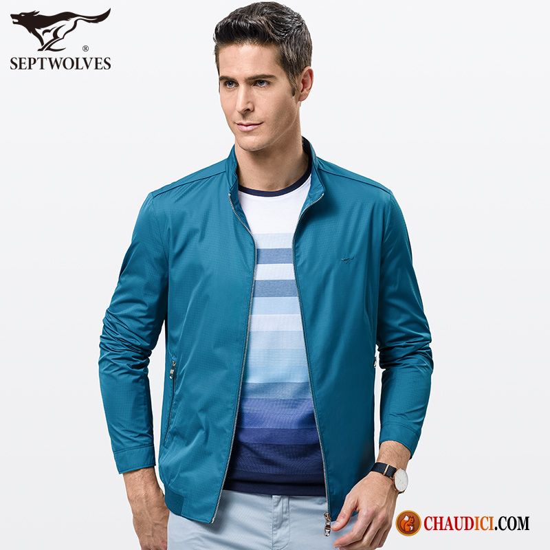 Veste En Cuir Cintrée Homme Turquoise Manteau Col Mandarin Âge Moyen Décontractée Printemps Soldes