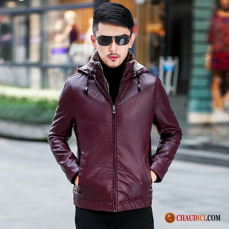 Veste En Cuir Costume Homme Hiver Rouge Chauds De Travail Peau De Mouton