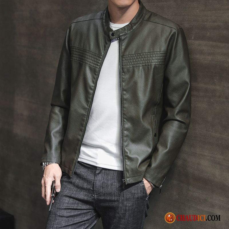 Veste En Cuir En Cuir Marron Tendance Beau Slim Plus De Velours Homme