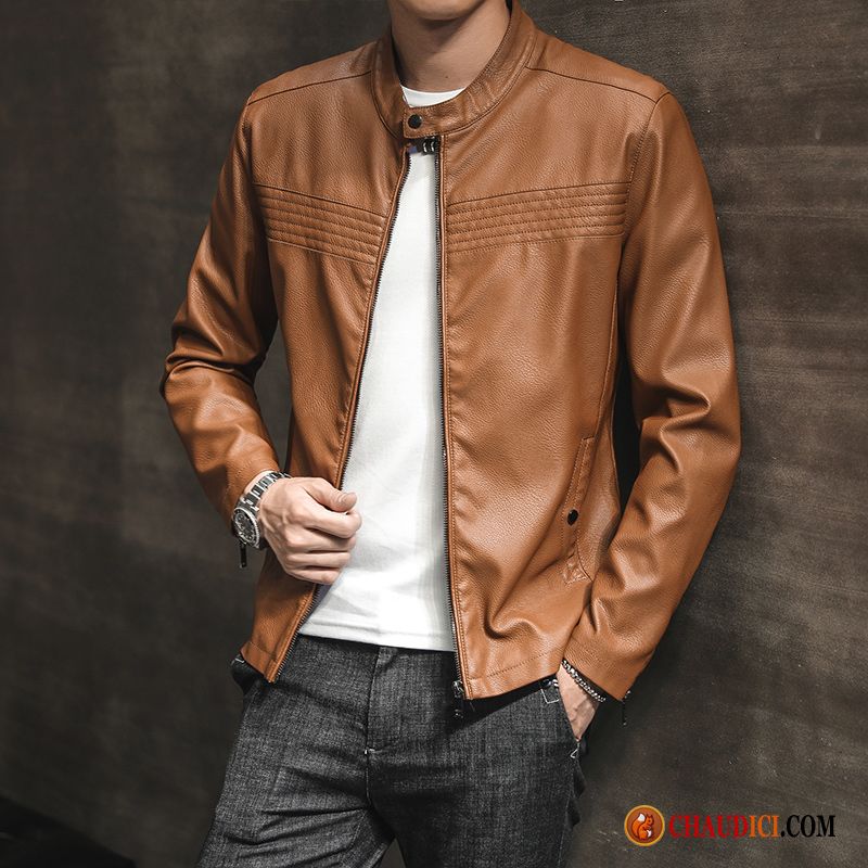 Veste En Cuir En Cuir Marron Tendance Beau Slim Plus De Velours Homme