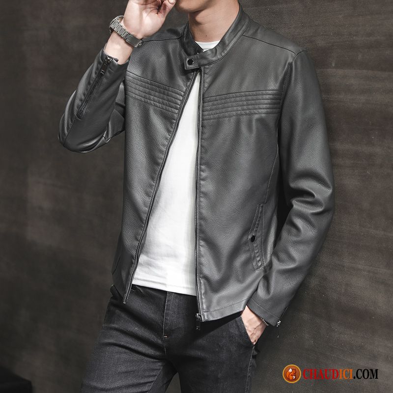 Veste En Cuir En Cuir Marron Tendance Beau Slim Plus De Velours Homme