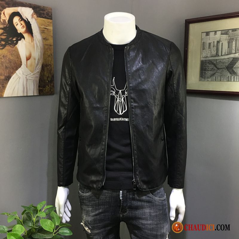 Veste En Cuir Matelassée Homme Noir Vestes En Cuir Décontractée Sans Collier Veste Jeunesse France